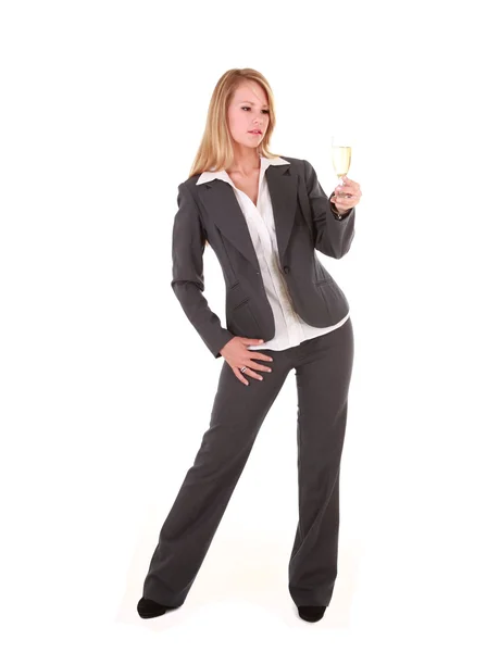 Bonde business woman drinking champagne — Stock Photo, Image