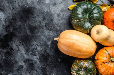 Masada çeşitli kabak çeşitleri var. Siyah arka plan. Üst Manzara. Boşluğu kopyala