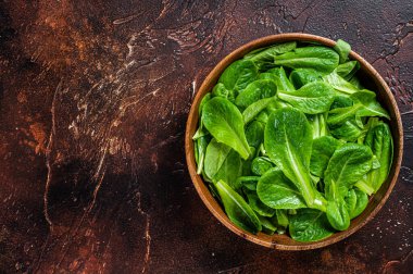 Genç, yeşil salata yaprakları ahşap tabakta. Karanlık arka plan. Üst Manzara. Boşluğu kopyala