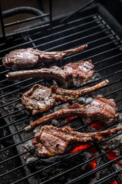 Izgara kuzu pirzola, ızgara biftek ve ateşte barbekü. Üst görünüm