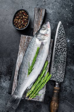 Tahtada pişmeye hazır taze çiğ deniz kabuğu ya da levrek balığı. Siyah arka plan. Üst görünüm