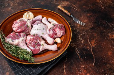 Çiğ kümes hayvanları, ördek bacakları kırsal bir tabakta otlarla birlikte. Karanlık arka plan. Üst Manzara. Boşluğu kopyala