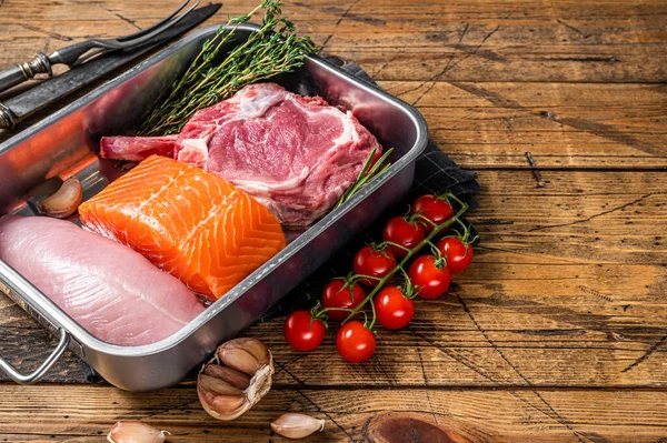 Protein diet - raw meat steaks salmon, beef or veal and turkey breast fillet. Wooden background. Top view. Copy space