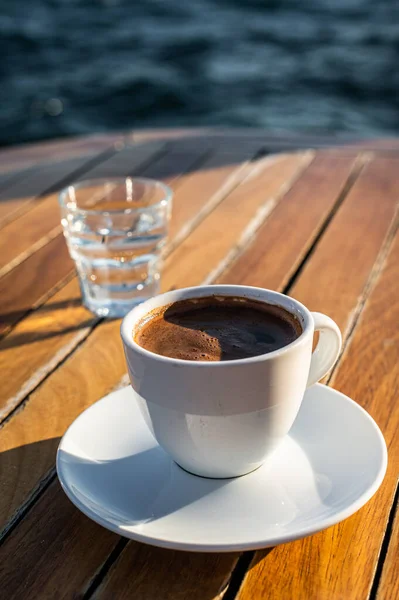 Cup of Turkish coffee in cafe. Wooden background. Top view. Copy space — Stock Photo, Image