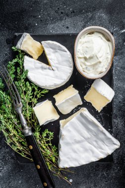 Peynir tabağı. Camembert, Brie, Gorgonzola ve kekikli mavi krem peynir. Siyah arka plan. Üst görünüm