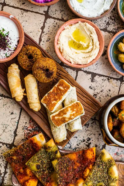 Fried cheese and falafel with sause in Turkish Village Breakfast. Top view — Stock Photo, Image