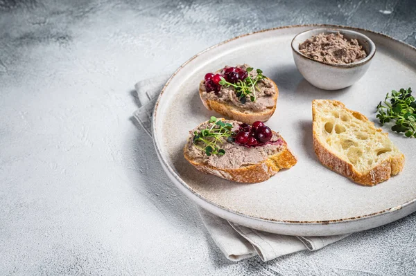 Toasts with chicken rillettes pate on white bread with sprouts. White background. Top View. Copy space — Stock Photo, Image