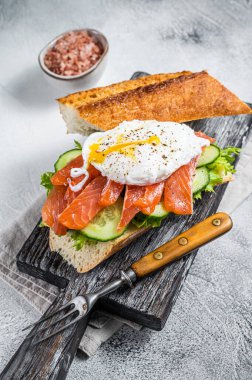 Haşlanmış yumurtalı sandviç, füme somon ve tost ekmeğine avokado. Beyaz arka plan. Üst görünüm