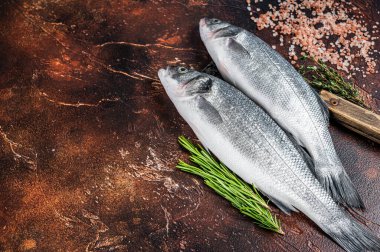 Tuzlu ve otlu bir satırda deniz levreği ya da deniz levreği taze çiğ balık. Karanlık arka plan. Üst Manzara. Boşluğu kopyala
