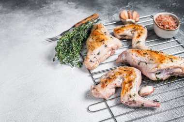 Kekikle ızgarada pişmiş tavşan bacağı. Beyaz arka plan. Üst Manzara. Boşluğu kopyala