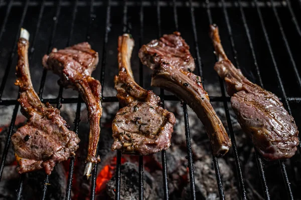 Izgara kuzu pirzola, ızgara biftek ve ateşte barbekü. Üst görünüm