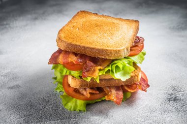Domuz pastırmalı, domatesli ve marullu sandviç. Gri arka plan. Üst görünüm