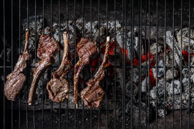 Izgara kuzu pirzola, ızgara biftek ve ateşte barbekü. Üst görünüm