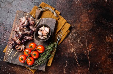 bbq kavrulmuş bebek ahtapotlu şişler. Karanlık arka plan. Üst Manzara. Boşluğu kopyala