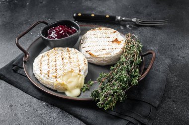 Çelik tepside, kızılcık sosu ve kekik ile pişirilmiş peynirli krem peyniri. Siyah arka plan. Üst görünüm