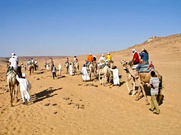 Una carovana di turisti in cammello che attraversa il deserto nubiano — Foto Stock