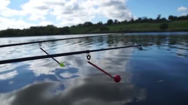 Pesca Com Uma Vara Lago Equipamento Pesca Pesca Partir Costa — Vídeo de Stock