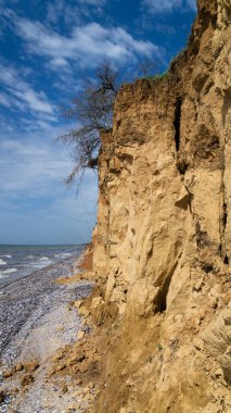 Ruined clay slope by the sea. Cracked clay cliff on the coast. A crumbling and cracked clay wall on the beach.