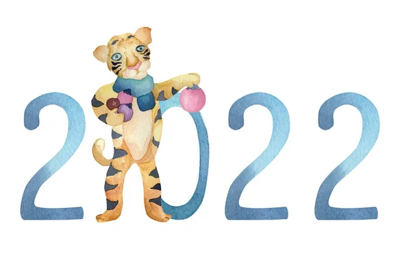 2022 rakamlarıyla suluboya yeni yıl illüstrasyonları ve bir kaplan.