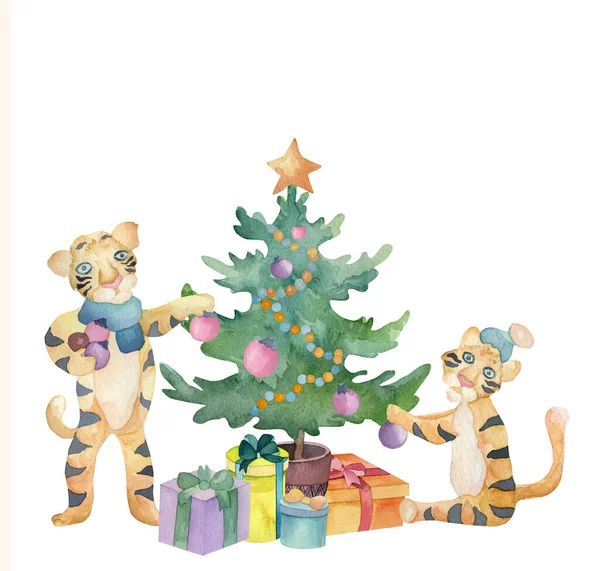 2022 yılının suluboya kartı. Kaplanlar Noel ağacını süslüyor..