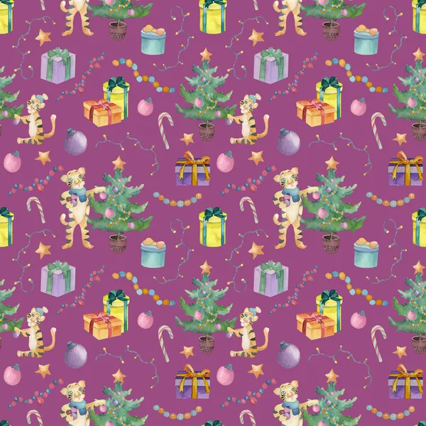 Wzór Bezszwowy Akwarela Elementami Świątecznymi Tygrysy Prezenty Bożonarodzeniowe Kulki Girlandy — Zdjęcie stockowe