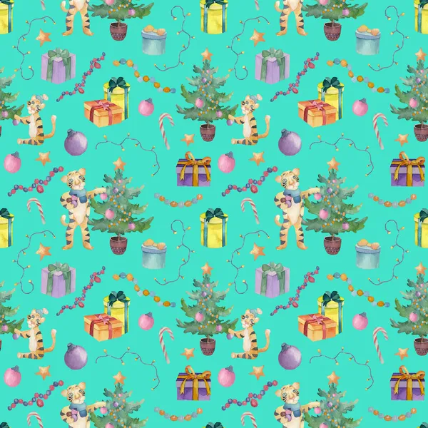 Noel unsurları içeren suluboya desenler: kaplanlar, hediyeler, Noel topları, çelenkler, Noel ağacı. Yeni yılın sembolü.