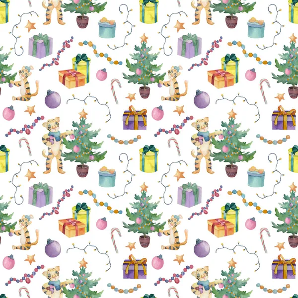 Wzór Bezszwowy Akwarela Elementami Świątecznymi Tygrysy Prezenty Bożonarodzeniowe Kulki Girlandy — Zdjęcie stockowe