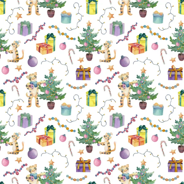 Noel unsurları içeren suluboya desenler: kaplanlar, hediyeler, Noel topları, çelenkler, Noel ağacı. Yeni yılın sembolü.