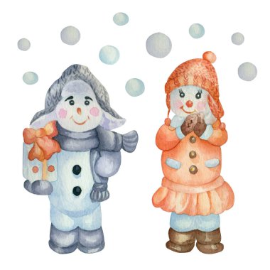 İki suluboya kardan adam. Kardan adam kız ve kardan adam.