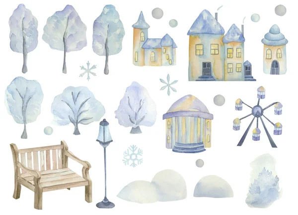 Soubor Akvarelových Prvků Zimního Města Stromy Sněhu Domy Lavice Sněhové — Stock fotografie