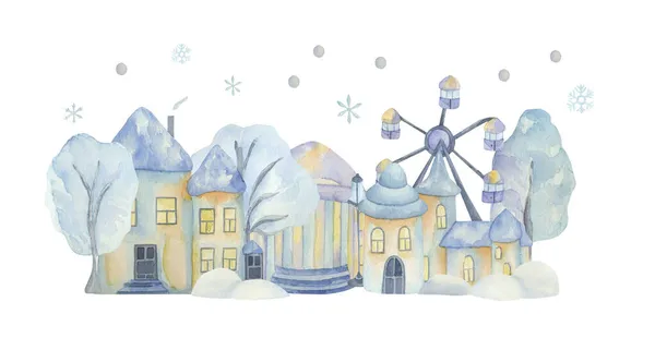 Elle boyanmış suluboya Noel kenti kışlık evler ve ağaçlarla.