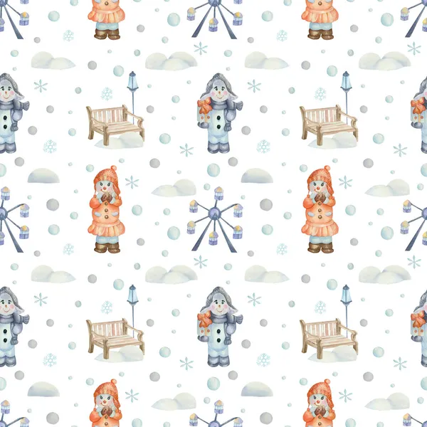 Watercolor seamless pattern with Christmas sity of snowmen. Winter city, winter trees, snowmen.