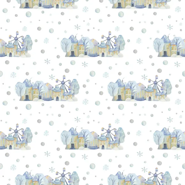 Watercolor seamless pattern with Christmas sity of snowmen. Winter city, winter trees, snowmen.