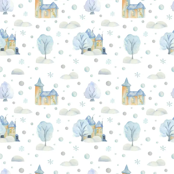 Watercolor seamless pattern with Christmas sity of snowmen. Winter city, winter trees, snowmen.
