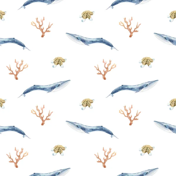 Köpekbalığı ve mercanla suluboya desenli. Su altı dünyası.