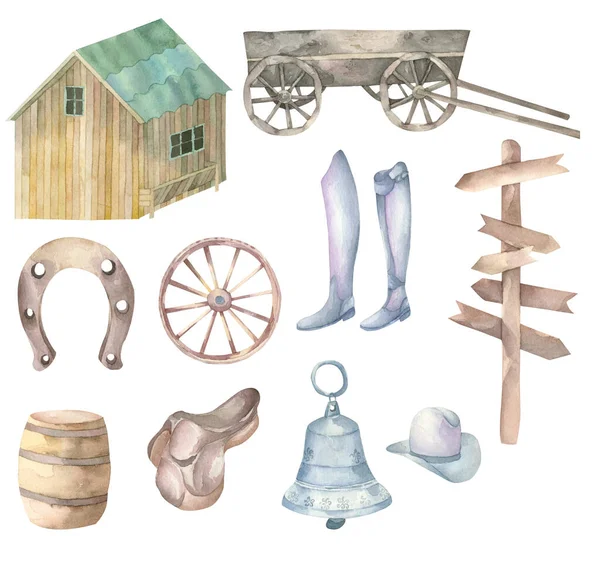 At çiftliğinin elementleri: bir ahır, bir araba, bir at nalı ve diğer elementler. El çizimi suluboya.