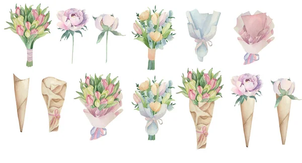 花の水彩の花束のセット これらの作品で招待状やポストカードを作成できます — ストック写真