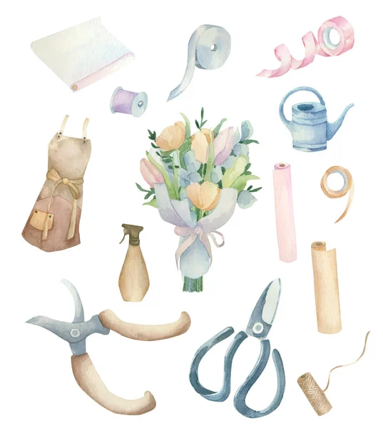 Çiçekçinin elementleri ve aletleri. Profesyonel çiçekçi. Suluboya seti.
