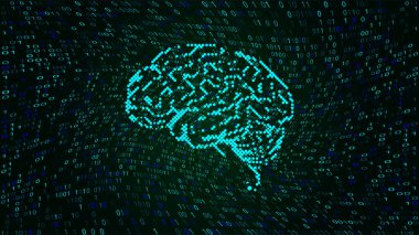 İkili kod rakamlarından oluşan insan beyninin illüstrasyonu