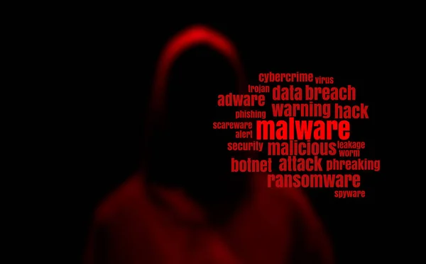 Dunkelrote Silhouette Eines Hackers Mit Malware Tag Wolke — Stockvektor