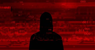 Soyut ikili kod arka planındaki bilgisayar korsanı. Hackleme
