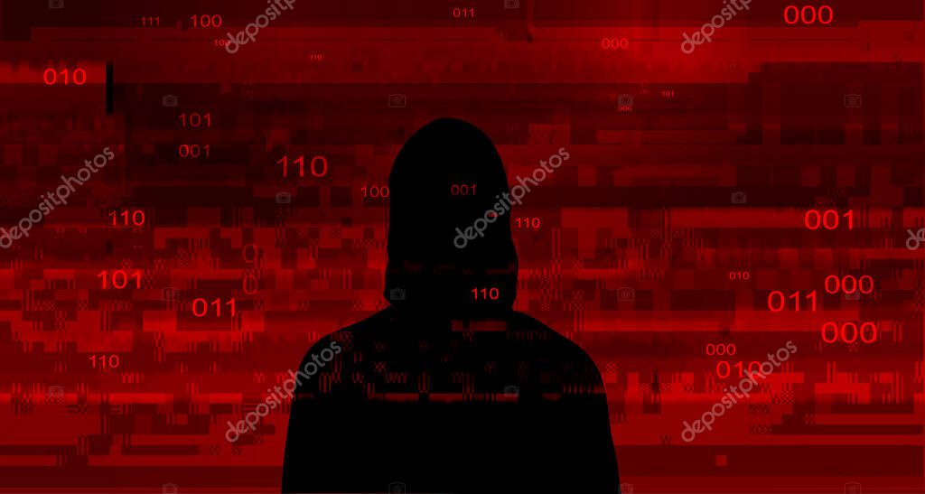 Computer hacker on abstract binary code background. Hacking