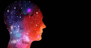 Farkındalık meditasyonu, öz bilinç. Siyah arkaplanda uzay renkli insan kafasının vektör illüstrasyonuName