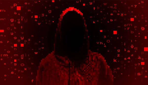 Silhouette di un hacker su uno sfondo con codice binario e luci, hacking di un sistema informatico, furto di dati — Vettoriale Stock