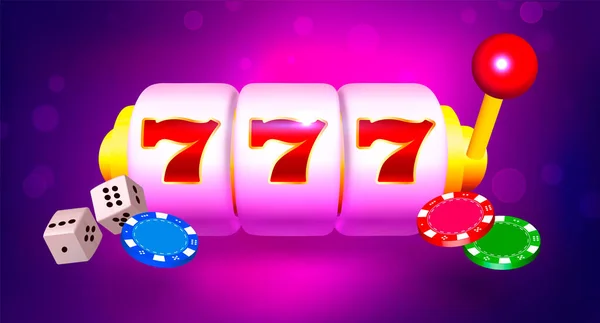 Casino banner vector illustratie. Slot machine, dobbelstenen, munten, chips op donkerrode en paarse achtergrond — Stockvector