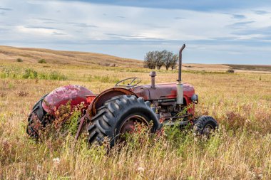 Saskatchewan 'daki çayırlarda uzun çimlere bırakılmış klasik kırmızı traktör.
