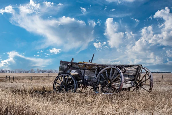 Cielo Azul Sobre Carro Tirado Por Caballos Abandonado Las Praderas — Foto de Stock