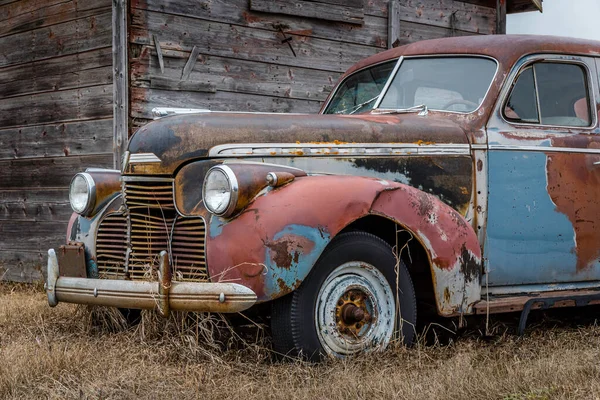 Abandoned Multicoloured Sedan Prairies Saskatchewan — Photo