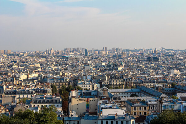 Skyline of Paris city from Montmartre hill, France.