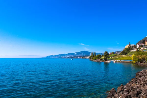 View on Montreux coastline from Geneva lake, Switzerland. — Stock Photo, Image